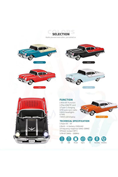 Coverzone Kablosuz Hoparlör Bluetooth 1955 Pontiac Ride Araba Hoparlör ve FM Radyo USB SD AUX Girişli WS-598