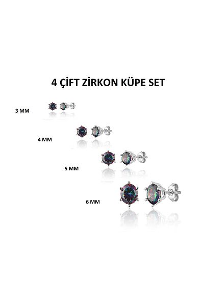 Öte Beri Öteberi 316l Surgical Steel Antiallergic Unisex 3mm, 4mm, 5mm, 6mm Mystic Topaz Zircon 4 Pairs Earrings Set