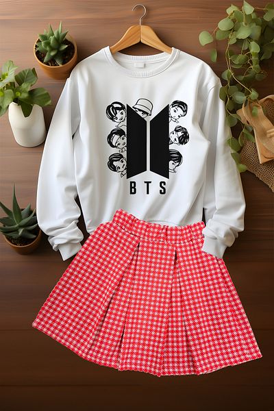 ADA BEBEK ÇOCUK Stylish Plaid Skirt BTS Sweat Skirt Bottom Top Set