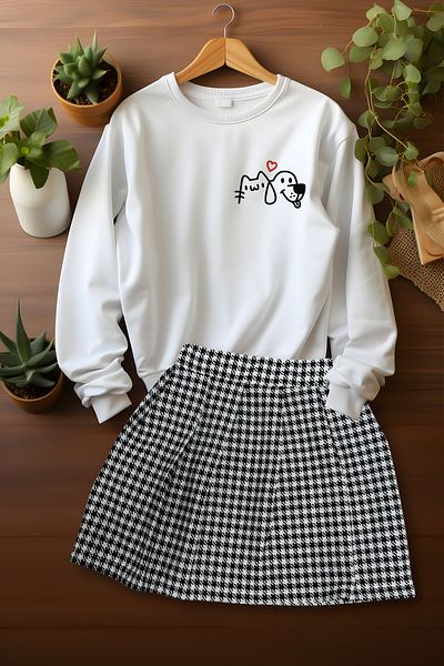 ADA BEBEK ÇOCUK Stylish Plaid Skirt Cute Friends Sweat Skirt Bottom Top Set