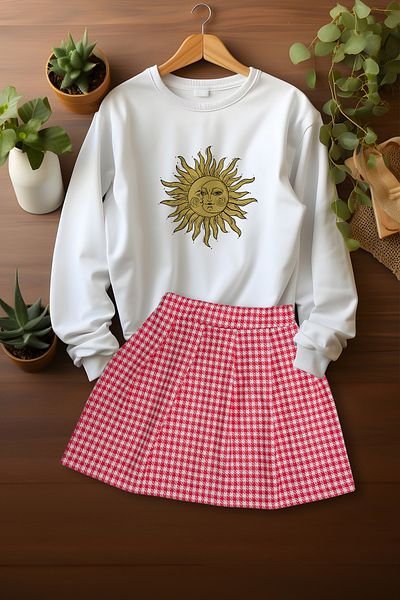 ADA BEBEK ÇOCUK Stylish Plaid Skirt Talisman Patterned Sweat Skirt Bottom Top Set