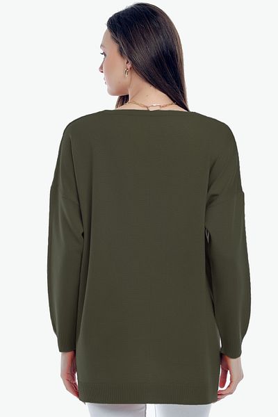 ALCHON V-neck Long T Sleeve Back Long Front Short Slit Loose Cut Seasonal Basic Loose Knitwear Sweater