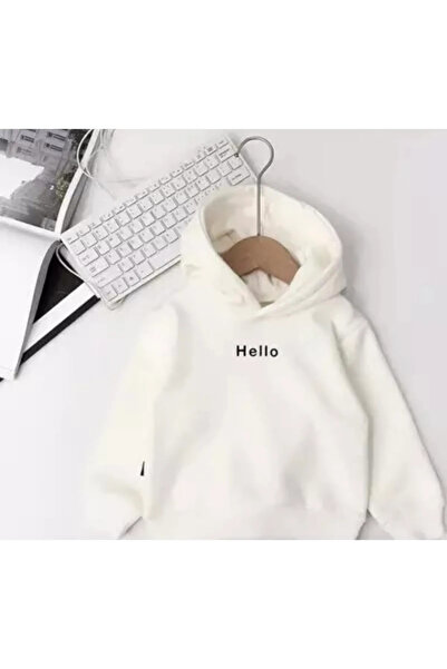 AMMA Children's White Hello Printed Oversize Cotton Hooded Sweatshirt Hoodie