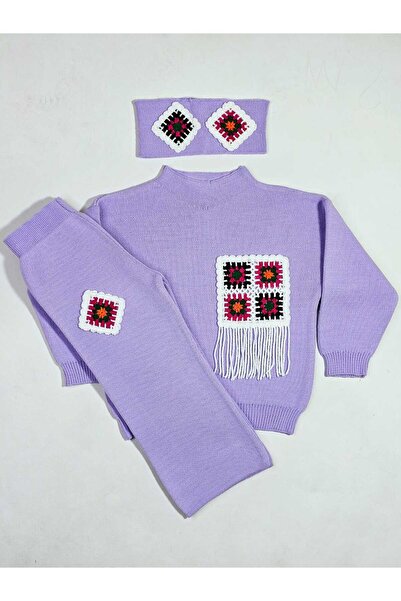 Meriç bebe Kız Çocuk Dantel Motifli Saç Bandlı 3Lü Triko Takım