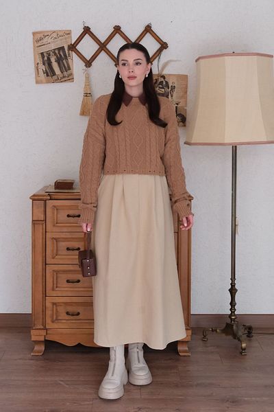 Ceylan Otantik Cream Cotton Skirt & Milk Brown Braided Crop Sweater Set