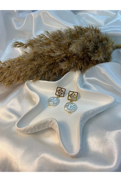 Yıldız Accessory Square Shape Steel Earrings with Crush Pearl Detail