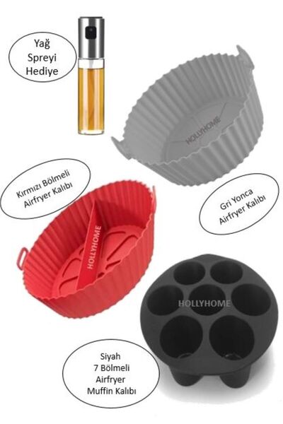 HOLLYHOME 3+1 Silikon Airfryer Pişirme Kalıbı Seti; Gri Yonca+Kırmızı Bölmeli...