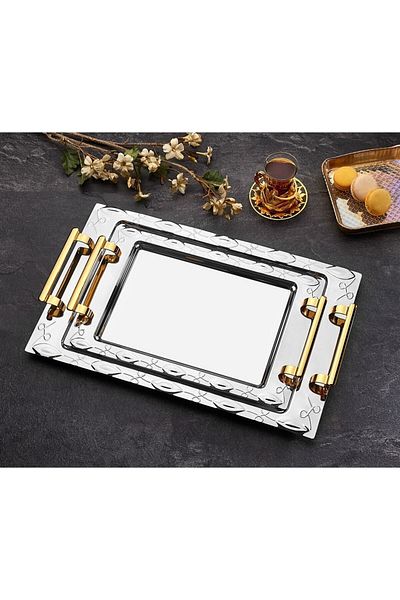 AHİR TİCARET Inter Steel Bade Model Gold Double Tea & Coffee Presentation Trays