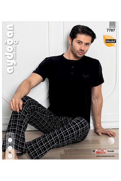 Aydoğan Men's Black Short Sleeve Modal Fabric Pajama Set - 7707