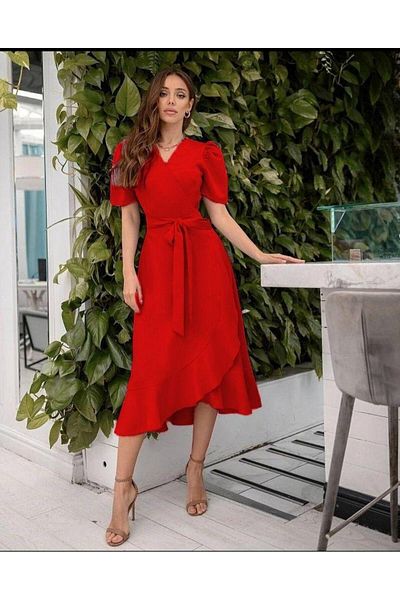 Trendusfashion Rochie midi cu mânecă scurtă țesătură Crep de Sezon Nou