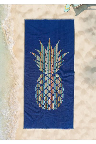 CottonTherapy Albastru ananas 72x150 cm Prosop de plajă pentru piscină, 100% bumbac, jacquard, vopsit în fire
