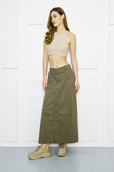 Atölye Güven Khaki 100% Cotton Special Design Buttoned Front Pocket Long Bell Skirt