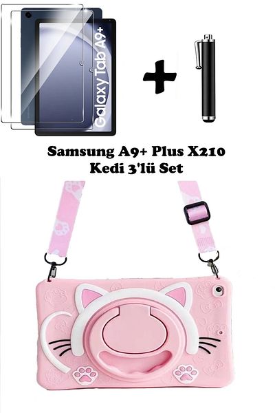 TEKNETSTORE Samsung Galaxy Tab A9 Plus 11 (2023) Sm-x210 Compatible Cat Children's Case with Strap Stand Fun Set of 3