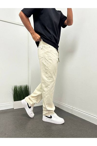 Gambocci Men's Cream Baggy Comfortable Fit Trousers