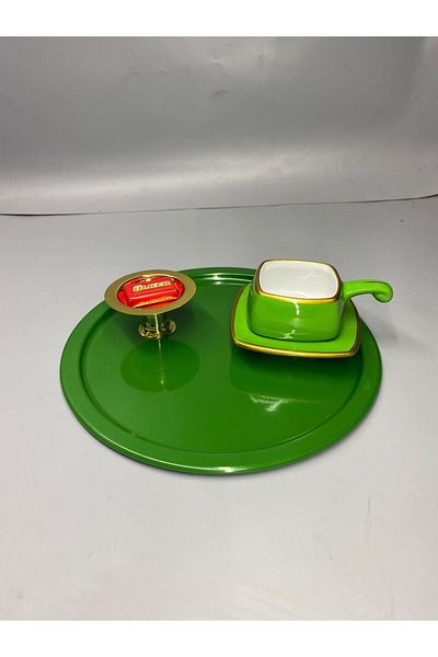 Aslı Hediyelik Metal Green Single Decorative Tea, Coffee and Cake Service Presentation Tray 23 Cm