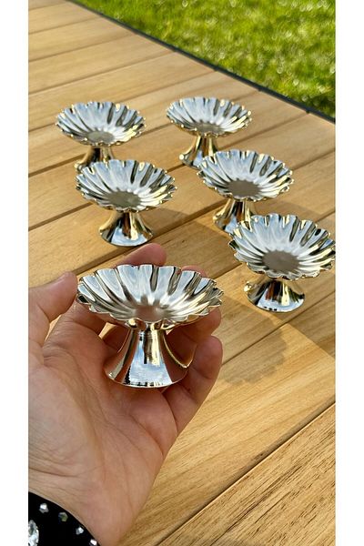 Aslı Hediyelik 6-Piece Oyster Funnel Footed Silver Coffee Side Turkish Delight, macaron, sugar bowl, presentation, coffee, treat bowl,