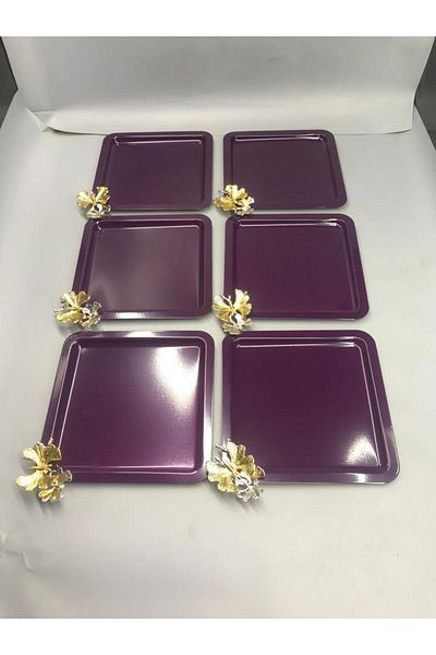 Aslı Hediyelik Stainless Steel Square Set of 6 Purple Coffee, Tea, Decorative Presentation Serving Tray with Luxury Butterfly Accessories