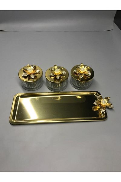 Aslı Hediyelik Lily Flower Elysia Gold 3-Piece Snack Bowl, presentation bowl, spice bowl, ice cream bowl, treat bowl, Glass Bowl