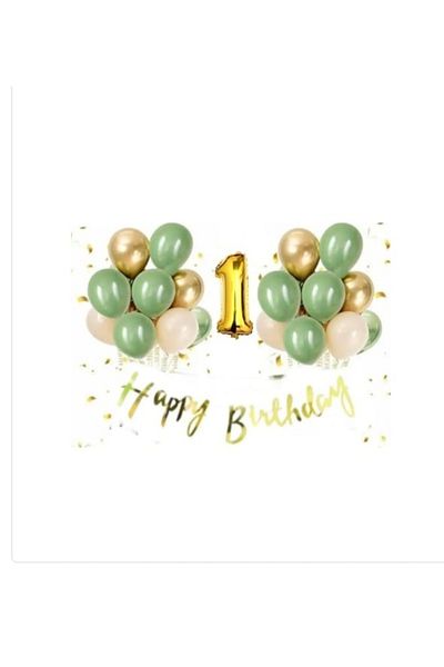 DÜVENCİ TİCARET 1 Year Old Gold Happy Birthday Calligraphy Banner Chrome Gold Mold Green Sea Sand Balloon Set