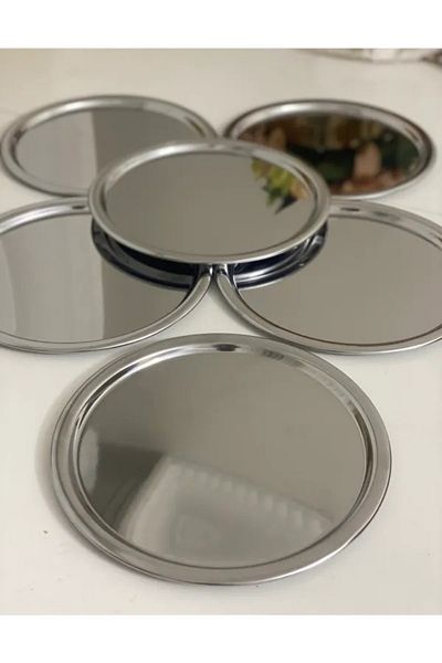 Aslı Hediyelik 6-Piece 22 Cm Round Silver Presentation Tray Decorative Serving Tray Tea, Coffee, Cake