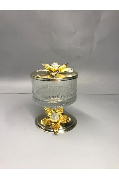 Aslı Hediyelik Stylishly Designed Elysıa Glass Sugar Bowl, Snack Bowl, Turkish Delight Bowl, Presentation Bowl with Lily Flowers, Silver Legs and Lid
