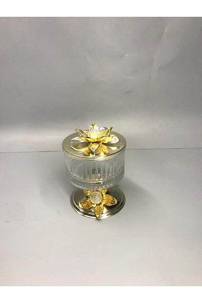 Aslı Hediyelik Stylishly Designed Elysıa Glass Sugar Bowl, Snack Bowl, Turkish Delight Bowl, Presentation Bowl with Lily Flowers, Silver Legs and Lid