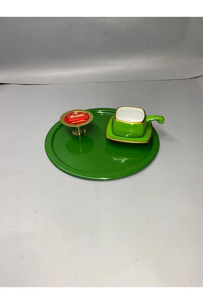 Aslı Hediyelik Metal Green Single Decorative Tea, Coffee and Cake Service Presentation Tray 23 Cm