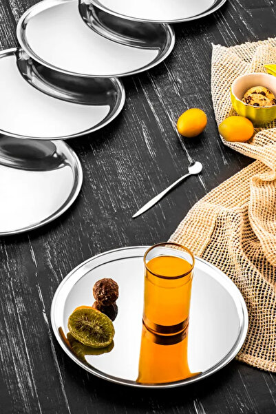 Aslı Hediyelik Yuvarlak Gümüş Sunum Tepsisi Dekoratif Servis Tepsisi Çay, Kahve 22 Cm