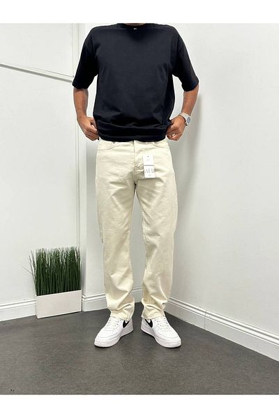 Gambocci Men's Cream Baggy Comfortable Fit Trousers
