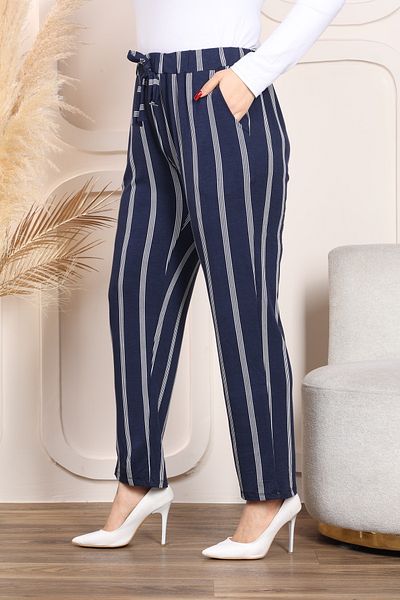 HÜLYA BUTİK DARK BLUE STRIPED WAIST RUBBER POCKET CARROT TROUSERS