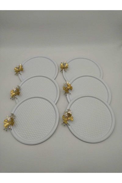Aslı Hediyelik 6-Piece Butterfly Round, Patterned White Presentation, Decorative Serving Tray, Tea, Cake, Coffee 23 Cm