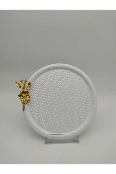 Aslı Hediyelik White Round Patterned Gold Floral Presentation Tray, Decorative Serving Tray Tea Coffee 23 Cm