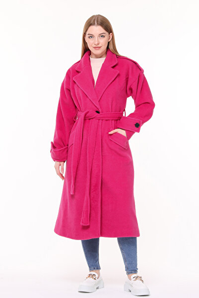 Neşeli Butik Women's Belted Oversize Wool Stamp Coat NBPLTN02 Fuchsia
