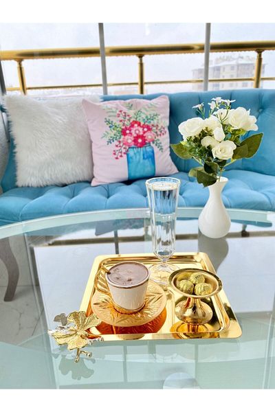 Aslı Hediyelik Set of 2 Luxury Square Stainless Steel Butterfly Gold Service, Tea, Coffee, Treats and Presentation Tray 21x21 Cm