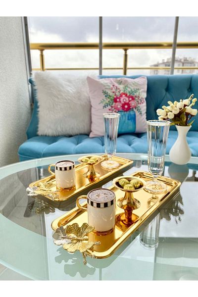 Aslı Hediyelik 3-Piece Luxury Butterfly Gold Titanium Coated Baton Service, Tea, Coffee, Treats and Presentation Tray
