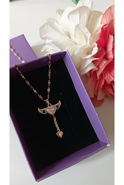 HKN AVM ACCESSORİES Kadın Pembe Kristal Melek Kanatlı Kalpli 316l Çelik 40-45...