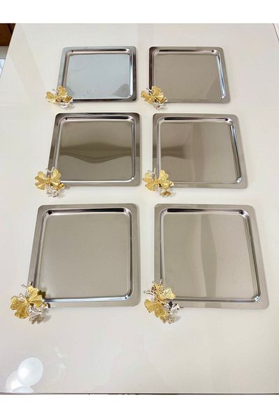 Aslı Hediyelik Luxury Square Butterfly Accessory Stainless Steel Set of 6 Silver Coffee, Tea, Decorative Presentation Serving Tray