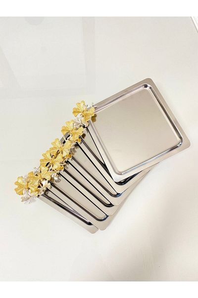 Aslı Hediyelik Luxury Square Butterfly Accessory Stainless Steel Set of 6 Silver Coffee, Tea, Decorative Presentation Serving Tray