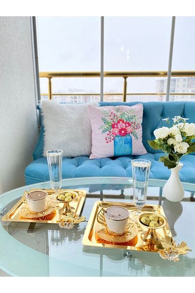 Aslı Hediyelik Luxury Square Stainless Steel Butterfly Gold Titanium Coated Serving Tea Coffee Presentation Tray 21x21 cm