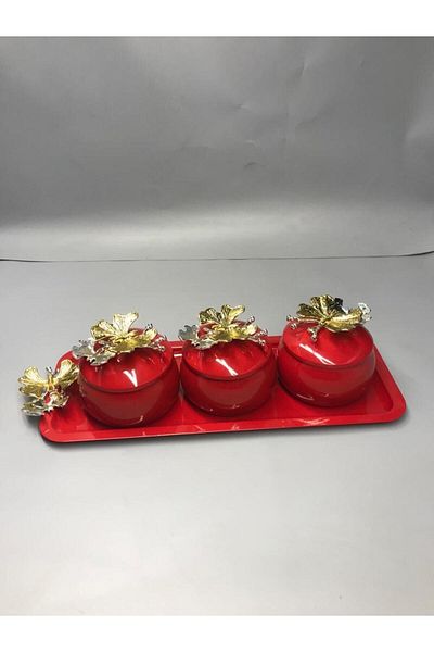 Aslı Hediyelik Luxury Red 3-Piece Snack Bowl, Presentation Bowl, Spice Bowl, Ice Cream Bowl, Treat, Rectangular Metal Bowl with Tray