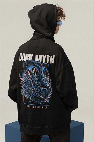 MAGORS STIL-X DARK MYTH PRINTAT, BUMBAC, CULOARE NEAGRĂ, CU GLUGĂ, OVERSIZE UNISEX
