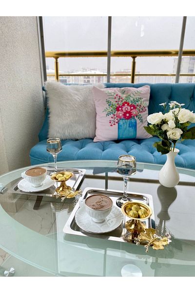 Aslı Hediyelik Stainless Steel Square Silver Coffee, Tea, Decorative Presentation Serving Tray with Luxury Butterfly Accessories