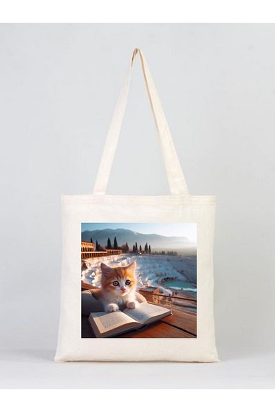 Elbasan Tekstil 40 x 45 Cm Geantă Pânză Carte Citită Pisica 8 cm Fund Burduf