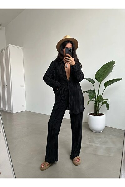 Ekim Store Set de pantaloni de cămașă neagră Crinkle