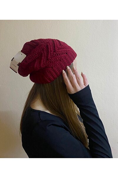 sema aksesuar Women's Winter Burgundy Color Patterned Beret - Hat - Valentine...