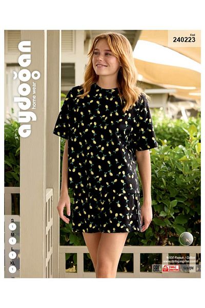 Aydoğan Short Sleeve Shorts Black 100% Cotton Pajamas Set-240223