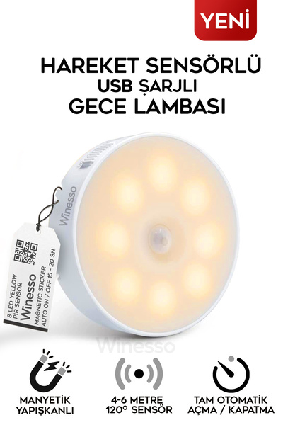 Winesso Gece Lambası Hareket Sensörlü USB Şarjlı Tam Otomatik Led Işık 8 Led Mıknatıslı Gün Işığı