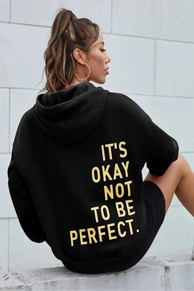 Khione Hanorac oversize cu glugă, unisex, negru, imprimat perfect