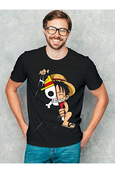 AEMİ Unisex Black Monkey D Luffy - One Piece Štampano okrugla kragna Dobar kv...