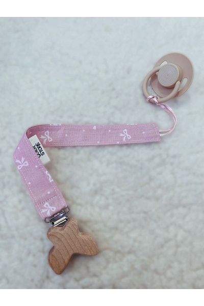 GOER STORE Natural Wooden Butterfly Detailed Pink Ribbon 100% Cotton Fabric Baby Pacifier Strap
